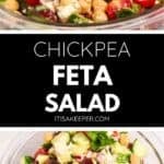 A bowl of Chickpea Feta Salad filled with cucumbers, cherry tomatoes, red onion, olives, parsley, and feta cheese, all mixed together for a fresh and flavorful meal.