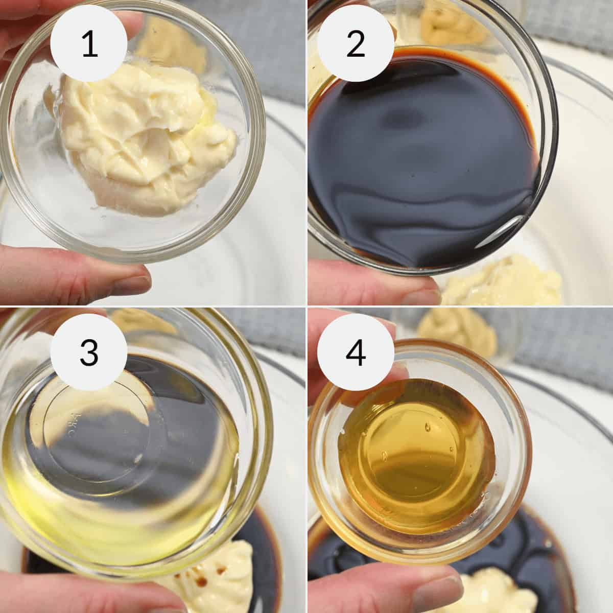 Four-step collage of ingredients being added to a bowl: 1. Mayonnaise, 2. Soy sauce, 3. Rice vinegar, 4. Sesame oil; creating a delightful creamy balsamic dressing that elevates any dish.