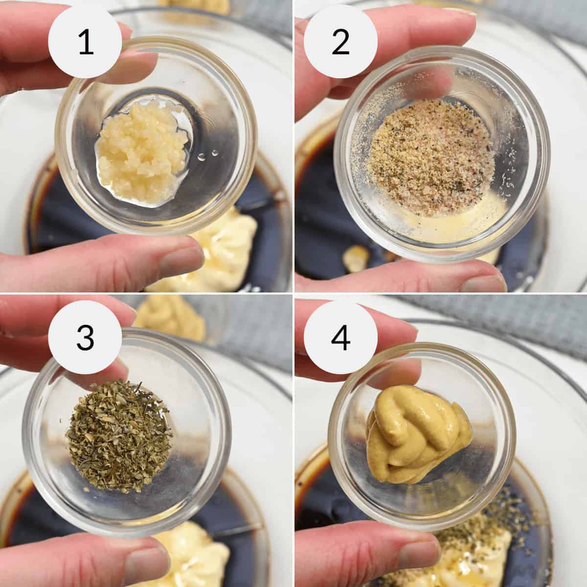 A series of four images showing hands holding ingredients in small bowls: minced garlic (1), seasoning mix (2), dried herbs (3), and mustard (4), over a background of a bowl with other ingredients.