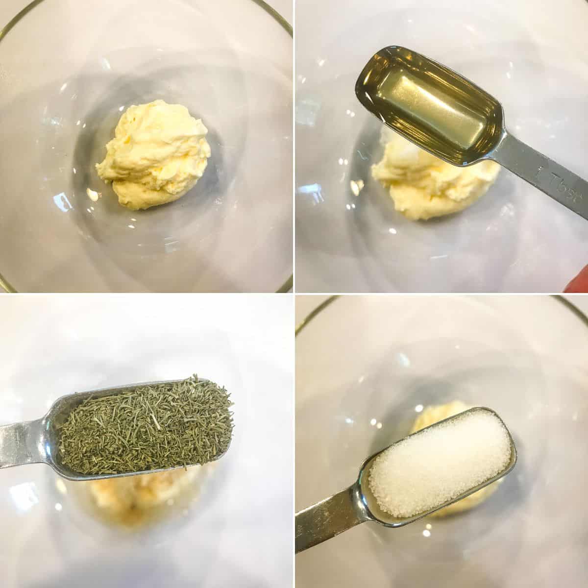 A bowl with butter, and three measuring spoons holding oil, dried herbs, and salt—essential ingredients often used when preparing Cucumber Onion Salad—shown in four separate images.