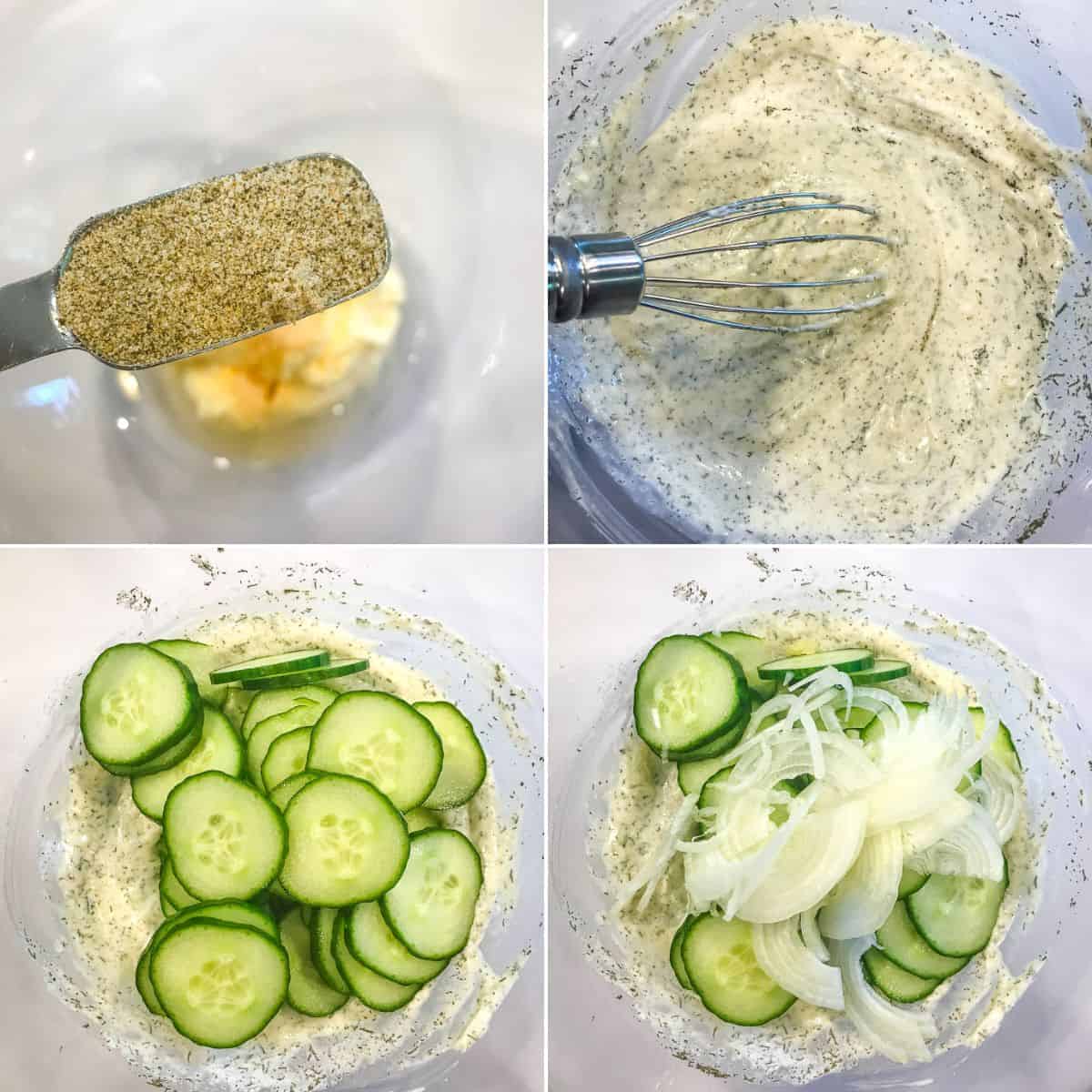 Four photos show steps of making Cucumber Onion Salad: adding spices, mixing dressing, adding cucumber slices, and topping with sliced onions in a bowl.