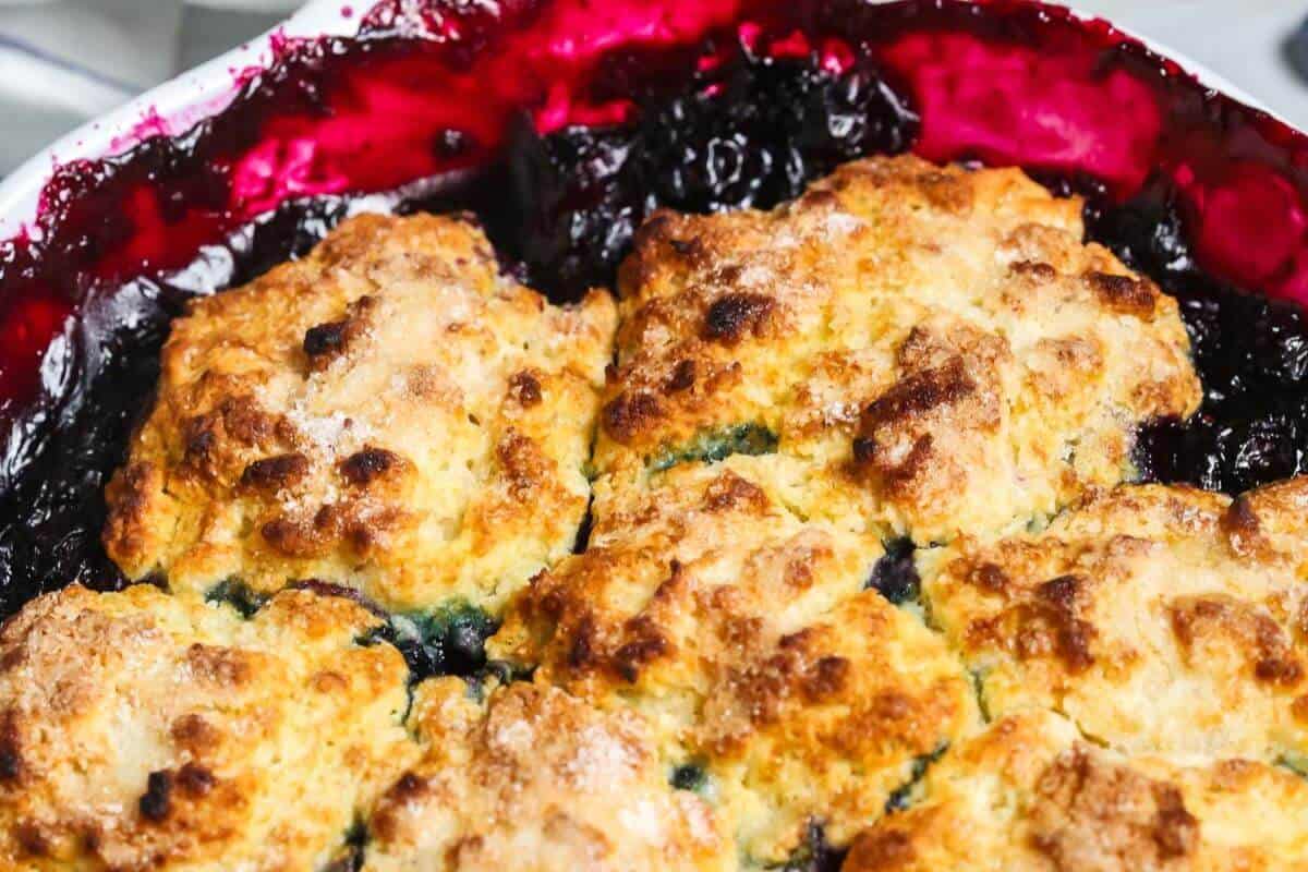 Blueberry cobbler in a baking dish. 