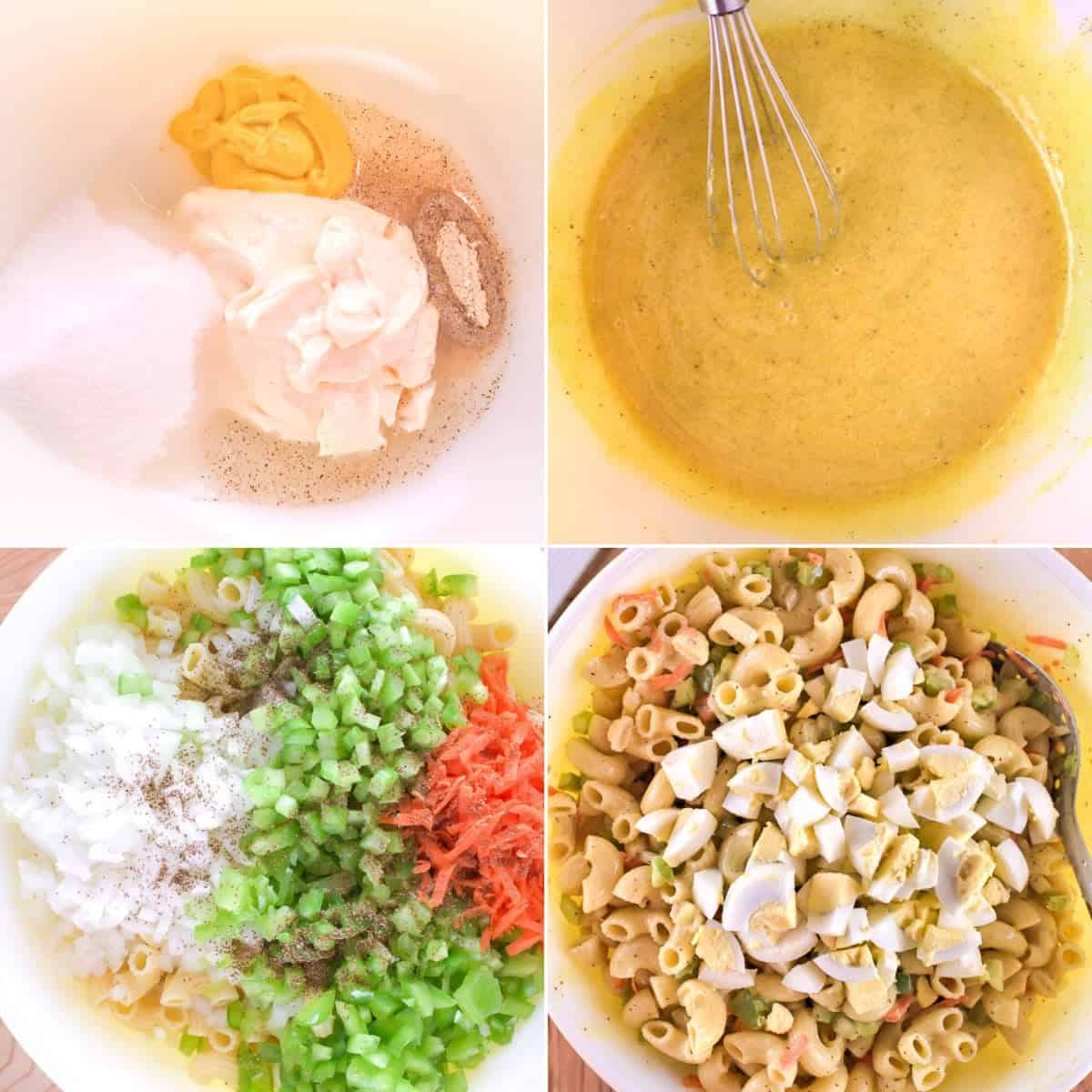 Four steps in this Easy Macaroni Salad Recipe: mix mayo, mustard, sugar, and spices; whisk; add chopped veggies to cooked pasta; then combine with chopped eggs.