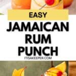 Three glasses of Jamaican rum punch garnished with orange slices, cherries, and mint, set beneath bold text reading "Easy Jamaican Rum Punch.