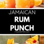 Three glasses of vibrant Jamaican rum punch, garnished with orange slices, cherries, and mint, sit on a table with fresh orange wedges beside them.