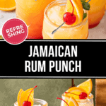 Four glasses of Jamaican rum punch garnished with cherries, orange slices, and mint leaves. Text overlay reads "REFRESHING JAMAICAN RUM PUNCH." Perfect for a tropical escape!