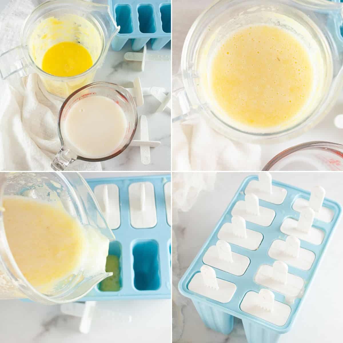 Four-step process of blending ingredients, combining mixtures, pouring into molds, and molds filled with sticks, ready to freeze.