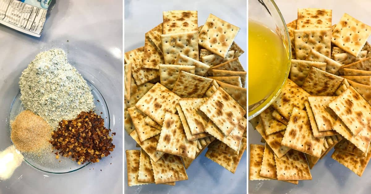Three images show seasoning ingredients in a bowl and melted butter being poured over the chips.