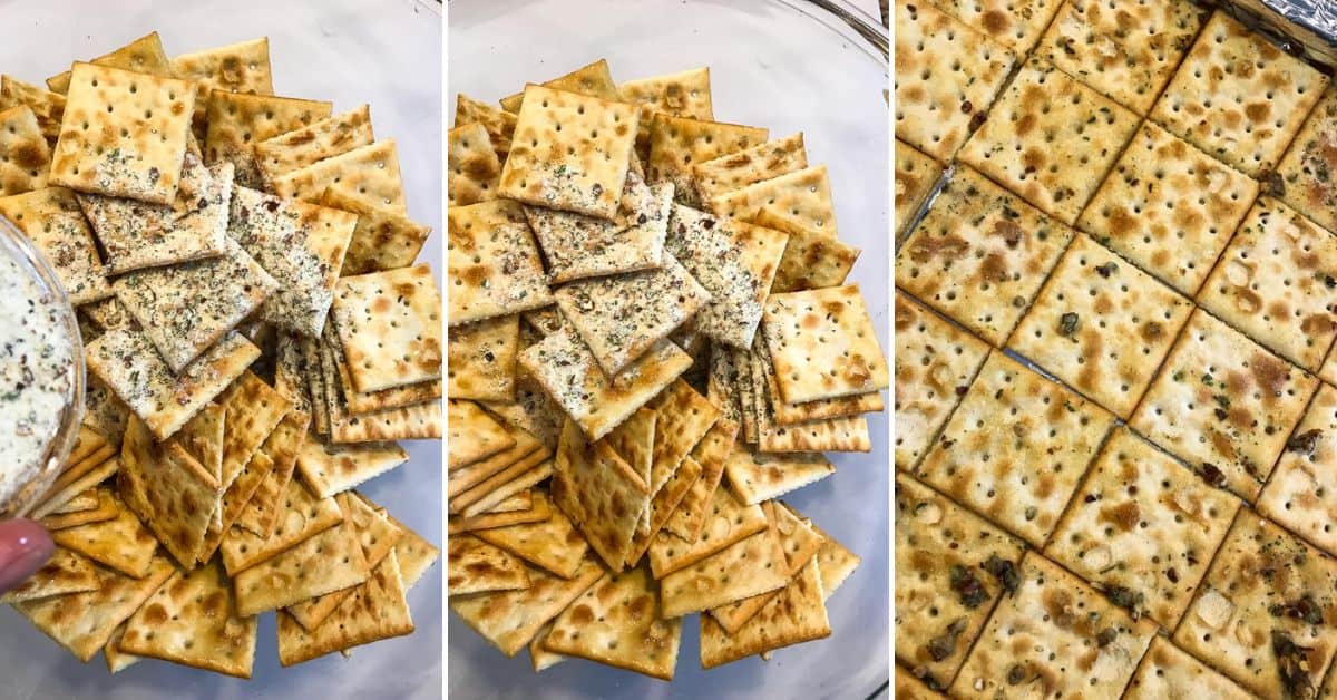 Three side-by-side images showing plain saltine crackers, crackers sprinkled with seasoning, and baked seasoned crackers on a baking sheet—the perfect visual guide for this Spicy Crackers Recipe.