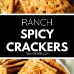 A close-up of seasoned square crackers in a bowl, labeled “Ranch Spicy Crackers” in bold text, perfect for trying out your favorite Spicy Crackers Recipe.