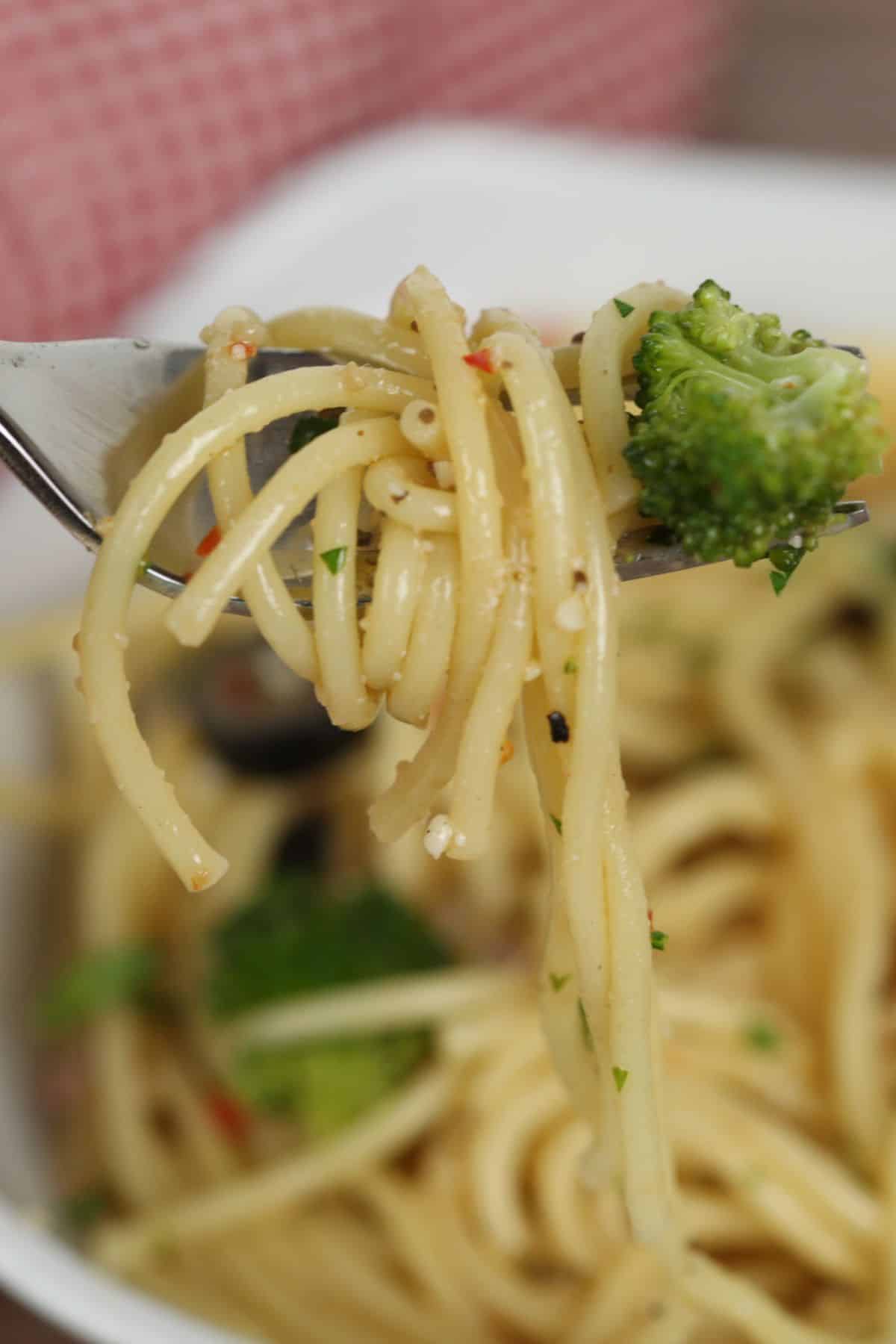A close-up of a fork holding  broccoli, with more pasta visible in a white bowl below.