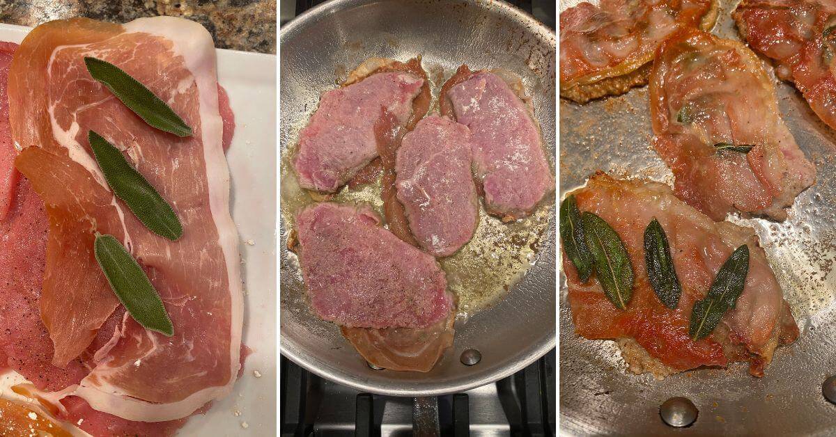 Three stages of cooking Veal Saltimbocca, salted meat wrapped in prosciutto with sage. The left image shows raw meat on a white plate. The central image captures meat frying in a pan. The right image displays perfectly cooked, browned meat, ready to be savored.