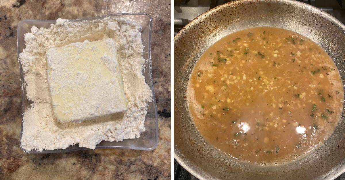 Two-part image: Left side shows a cube of butter in a dish with flour. Right side features the preparation of Veal Saltimbocca, highlighted by a pan with a brown liquid mixture containing chopped vegetables or herbs simmering on a stove.