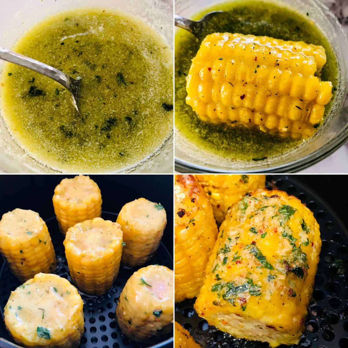 Four images show: a bowl of seasoned butter, corn being dipped in the butter, Air Fryer Corn on the Cob pieces arranged in an air fryer, and cooked corn with herbs.