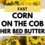 Four pieces of Air Fryer Corn on the cob, coated with a mixture of herbs and butter, are arranged on a white plate.