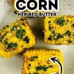 Four pieces of Air Fryer Corn on the cob with herb butter sit on a plate. Text on the image reads “Air Fryer Corn Herb Butter Easy.”.
