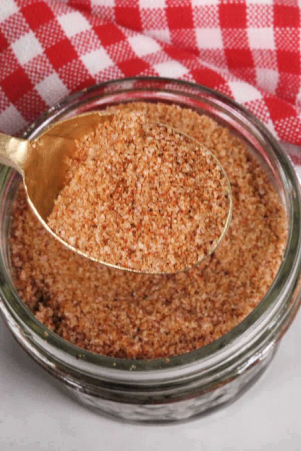 A spoon holding the mix.
