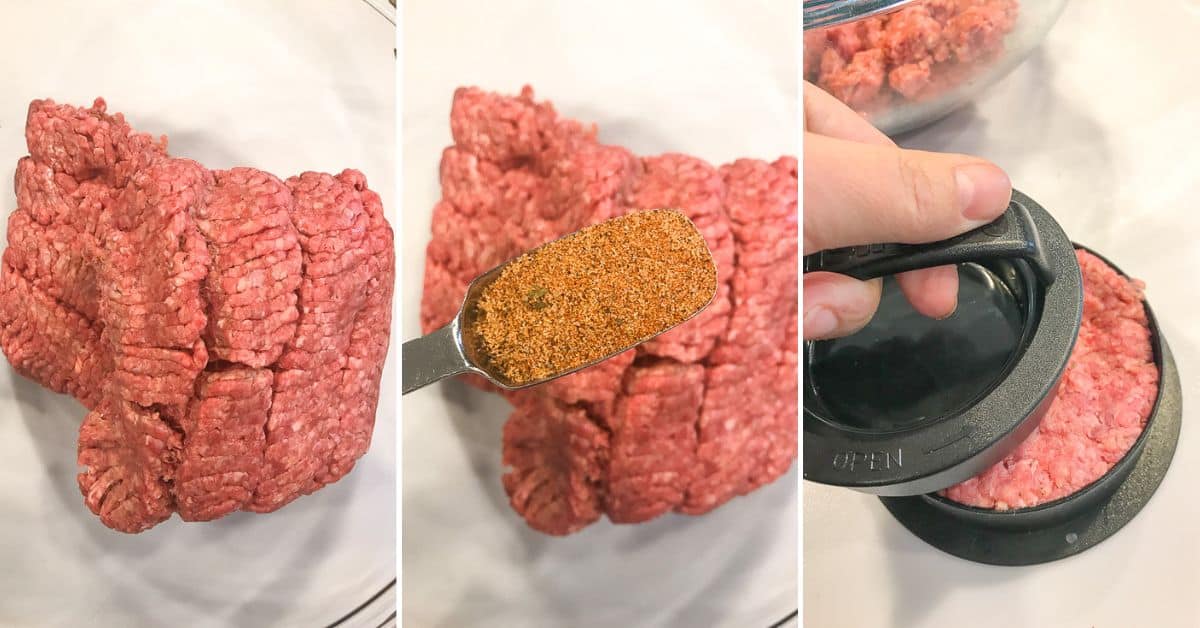 Three steps: ground beef on a plate, seasoning added to the beef, and a hand pressing the beef with a burger press tool—perfect preparation for delicious Baked burger in the oven.