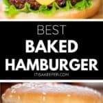 Two Baked Hamburgers with lettuce, tomato, and cheese on sesame buns, labeled "Best Baked Hamburger" between the images.