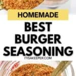 A spoon and a jar filled with homemade burger seasoning featuring red and green herbs and spices. Text overlay reads: "Homemade Best Burger Seasoning – elevate your burgers with this perfect burger seasoning blend.