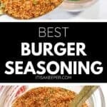 A spoonful and a jar of reddish-brown Burger Seasoning with visible herbs and spices, next to the text "Best Burger Seasoning.”.