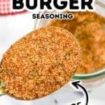 A spoonful of homemade burger seasoning held above a jar, with text reading "Best Burger Seasoning" and "Homemade Burger Seasoning.