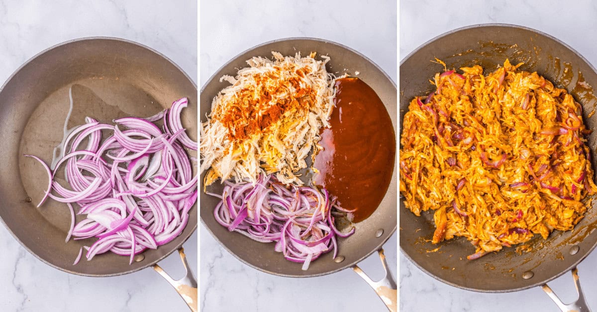 Three-step process for cooking shredded chicken and red onions in a pan. First, sauté the onions. Second, add shredded chicken, seasoning, and sauce. Third, all ingredients are mixed and cooked to perfection—perfect for making buffalo chicken grilled cheese sandwiches!