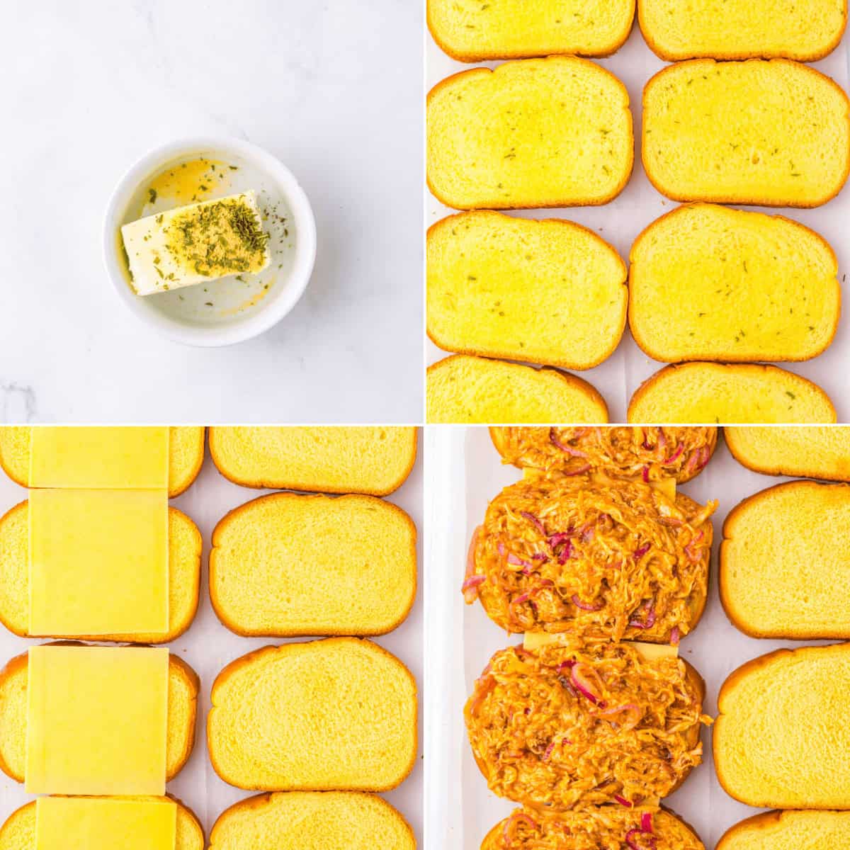 Step-by-step assembly of sliders with butter, dinner rolls, buffalo chicken grilled cheese slices, and a shredded meat mixture.