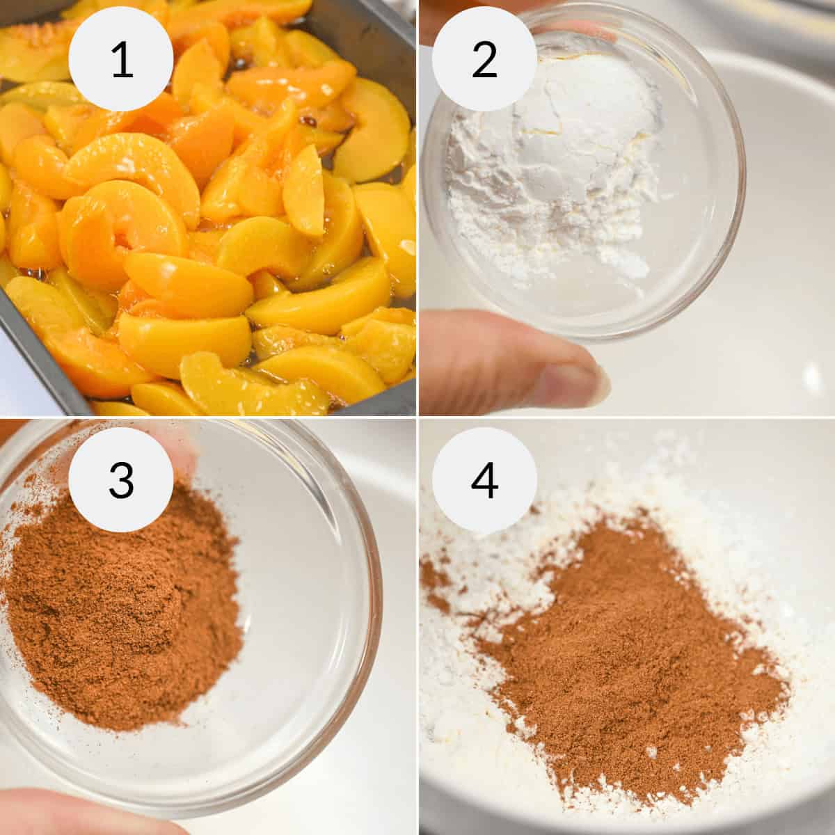 A four-step collage showing peach slices in a pan (step 1), a small bowl of white powder (cake mix) (step 2), a small bowl of brown powder (step 3), and both powders mixed together (peach cobbler mix) in a bowl (step 4).
