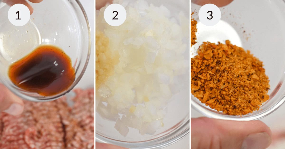 Seasoning for the sandwich. 1. Pouring soy sauce, 2. Adding chopped onions, 3. Adding a mixture of spices.