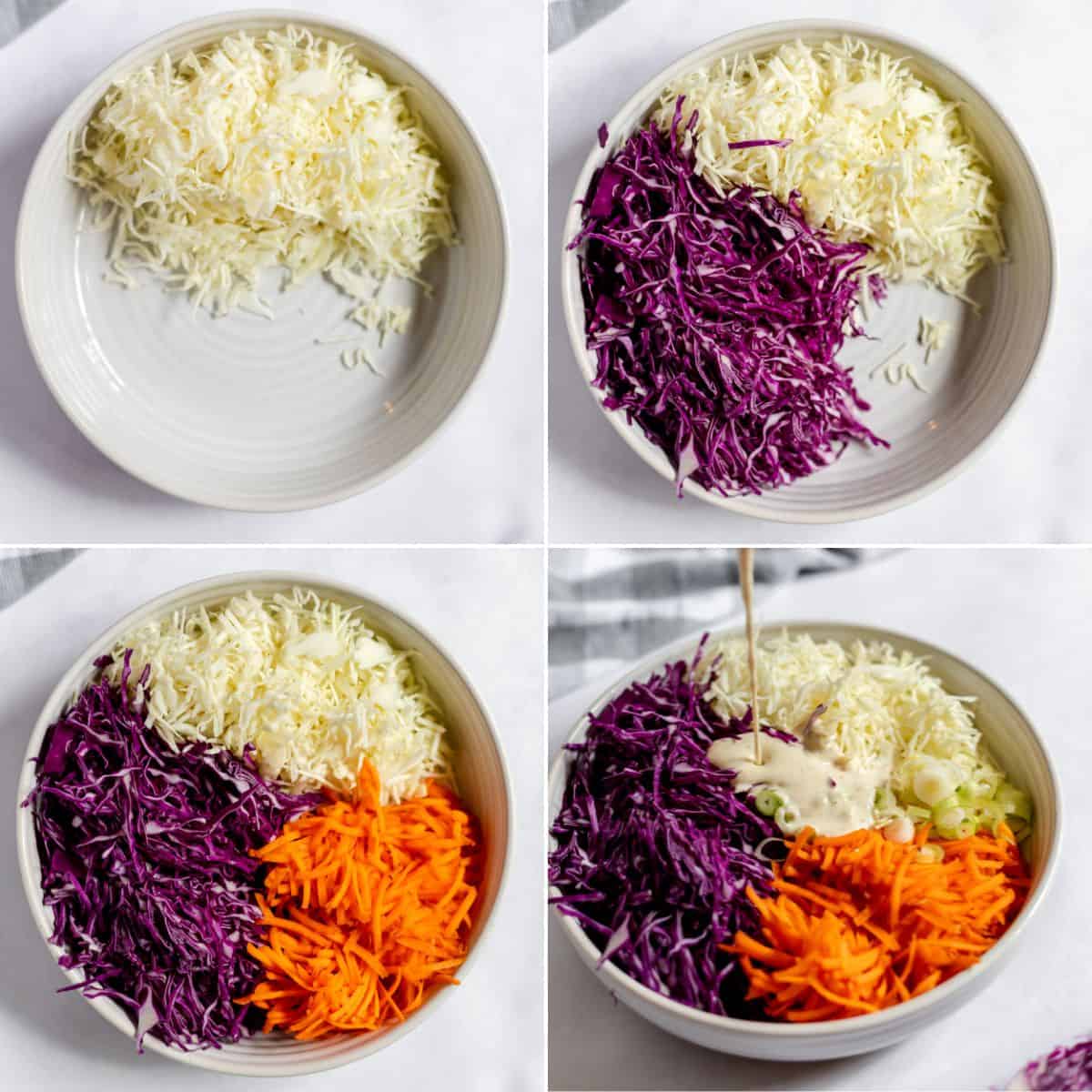Four images show the stages of making Southern Coleslaw: shredded green and purple cabbage, grated carrot, and chopped scallions are combined in a bowl, ending with dressing being poured on top.