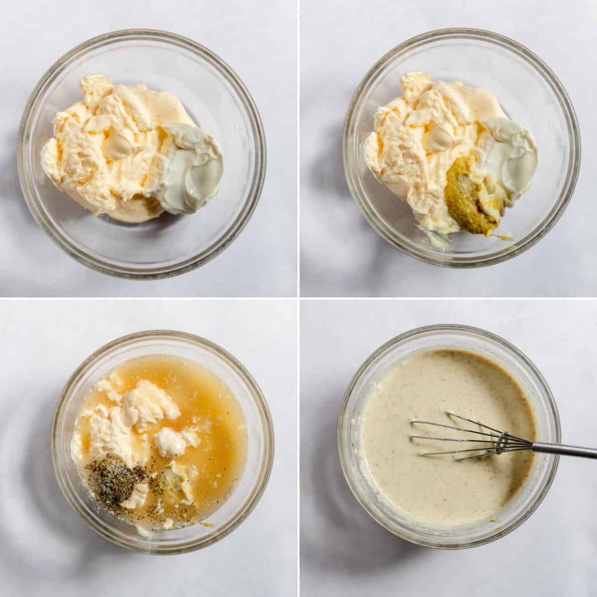 Four-panel image showing the step-by-step mixing of ingredients in a glass bowl to make a creamy dressing, ending with a whisk blending the combined mixture.