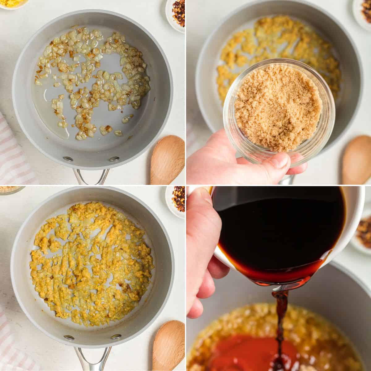 A step-by-step collage shows onions cooking in a pan, brown sugar being added, onions caramelizing, and sauce being poured into the mixture to create the perfect glaze for chicken on a stick.