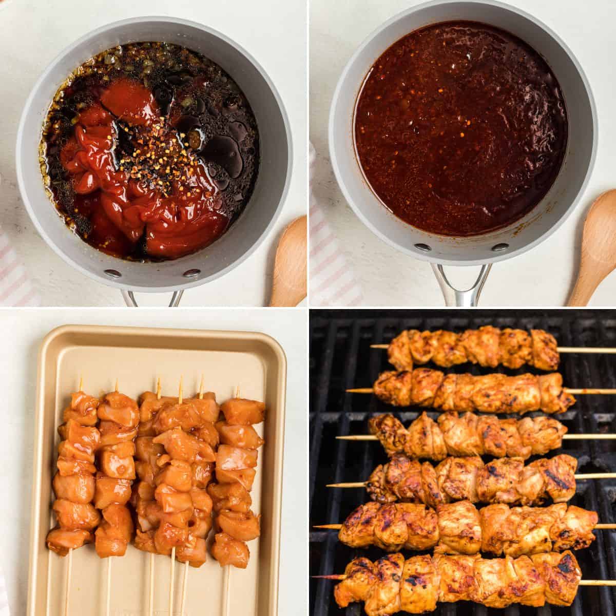 Four steps: sauce ingredients in a pot, sauce mixed in the pot, raw chicken  ready to cook, and deliciously grilled chicken on a stick fresh off the barbecue.