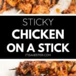 Grilled chicken on a stick skewers coated in a sticky, glazed sauce, served on plates and garnished with herbs.