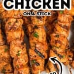 Grilled chicken on a stick skewers with a sticky glaze are arranged on a white plate. Text overlay reads “Sticky Chicken on a Stick, Grilled.”.