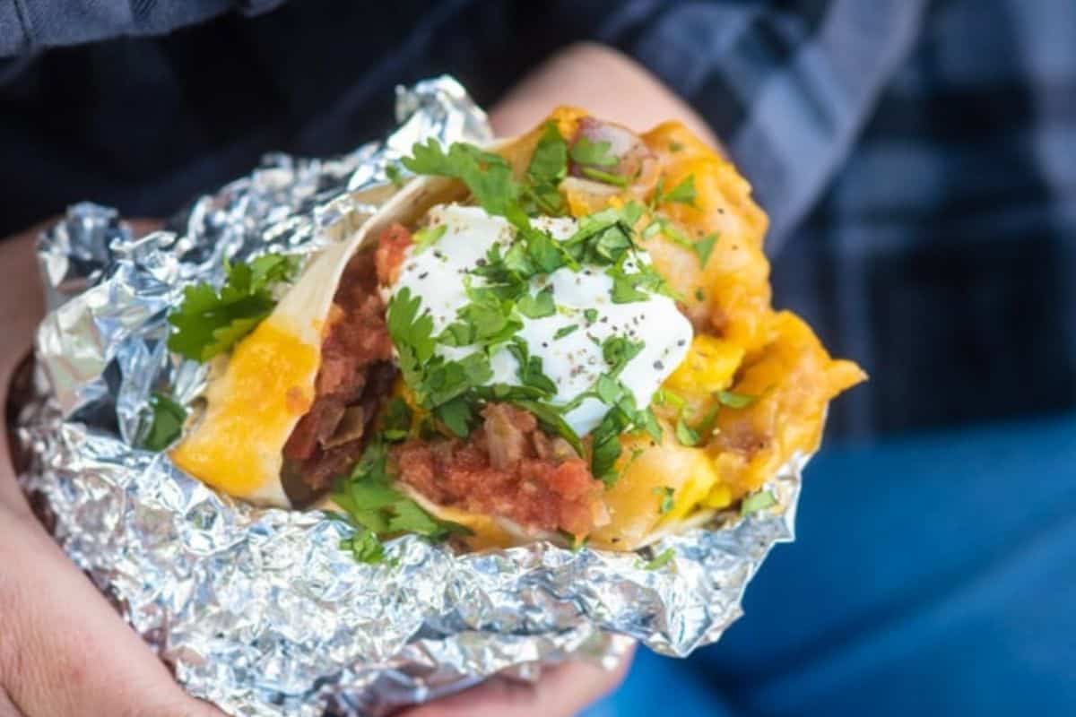 Breakfast burrito wrapped in tinfoil. 