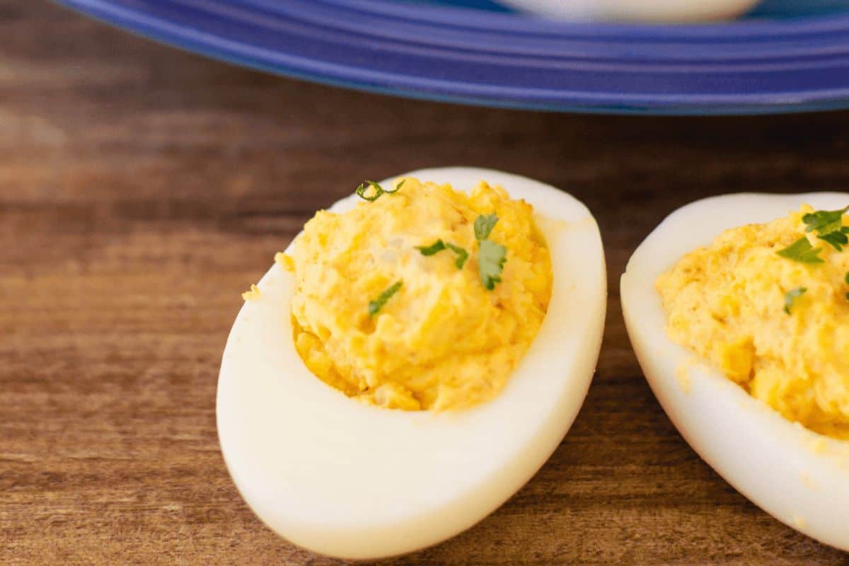 Close-up of two shrimp deviled eggs.