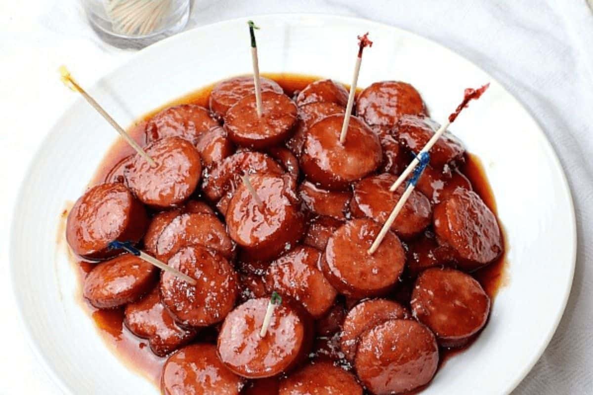 Plate of sausage pieces. 