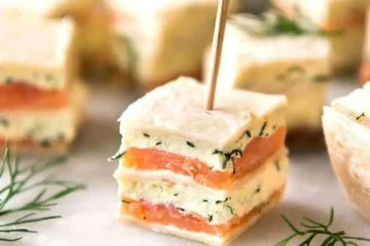 Close-up of smoked salmon bite. 