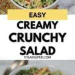 A bowl of Amish broccoli salad with shredded cheese, bacon, and red onions, shown from above and the side, with the text "Easy Creamy Crunchy Salad" in the center.
