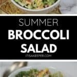A bowl of Amish broccoli salad with cheddar cheese, bacon, and red onions on a marble surface, shown from two angles.