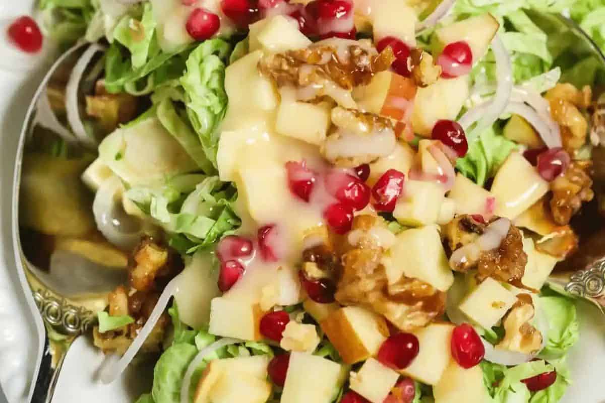 A fresh, mouthwatering salad topped with chopped apples, walnuts, pomegranate seeds, thinly sliced onions, and creamy dressing on a silver spoon—perfect for fans of flavorful seasonal salads.