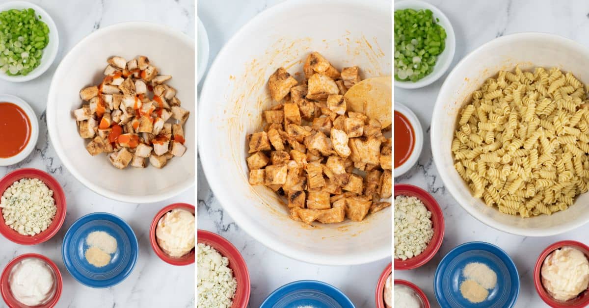 Three images show the step-by-step preparation of a buffalo chicken pasta salad with cubed chicken, spiral pasta, buffalo sauce, cheese, green onions, seasonings, and mayonnaise in bowls on a marble surface.
