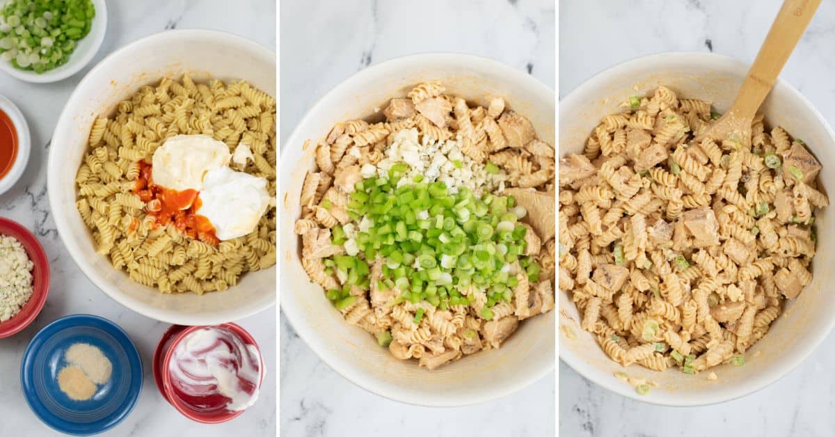 Three images show the steps of making a buffalo chicken pasta salad: adding sauces and seasonings, mixing with vegetables and chicken, and stirring everything together in a white bowl.