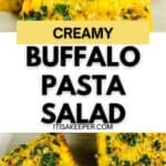 Three pieces of corn on the cob coated with herbs and seasoning, arranged on a white plate. Text overlay reads, "Creamy Buffalo Pasta Salad, itisakeeper.com." Perfect as a side dish for your next buffalo chicken pasta salad feast.