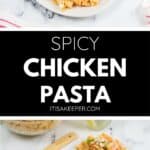 Two plates of buffalo chicken pasta salad, featuring rotini pasta with tender chicken, green onions, and cheese, sit on a white surface next to a wooden spoon and a gray bowl of extra pasta.