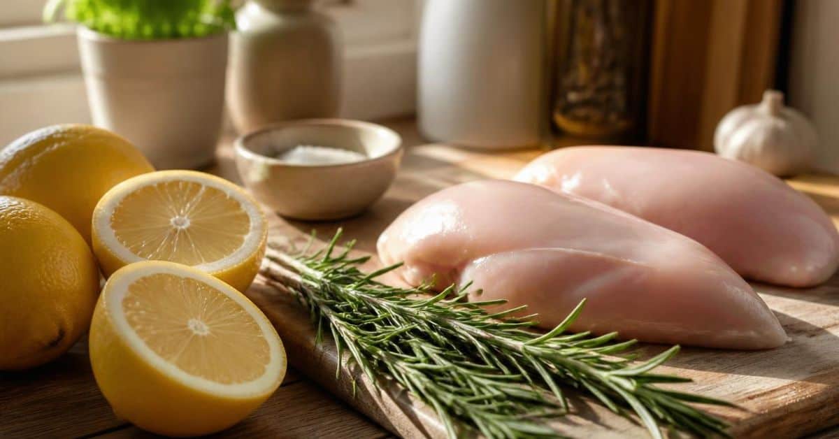 Two raw chicken breasts, fresh rosemary, halved lemons, a garlic bulb, and a small bowl of salt are arranged on a wooden cutting board in a kitchen setting, ready to be transformed into flavorful lemon rosemary chicken.