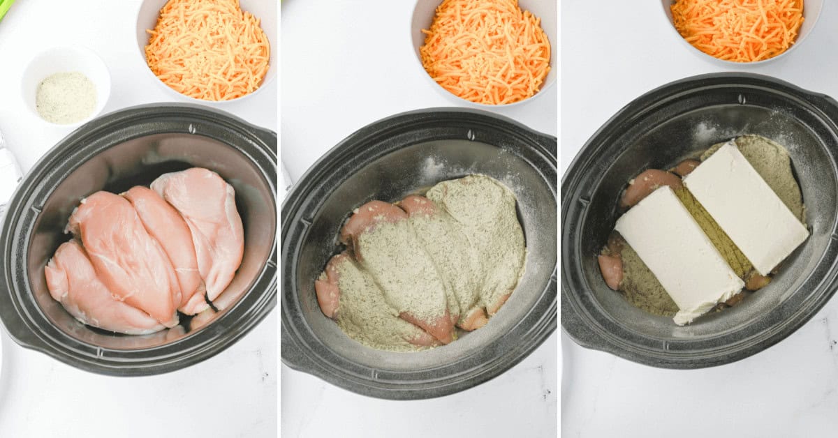 Three images showing steps of a Cracked Chicken Sandwiches recipe: raw chicken breasts in a slow cooker, chicken sprinkled with seasoning, and two blocks of butter added on top of the seasoned chicken. Bowls of shredded cheese and seasoning seen nearby.