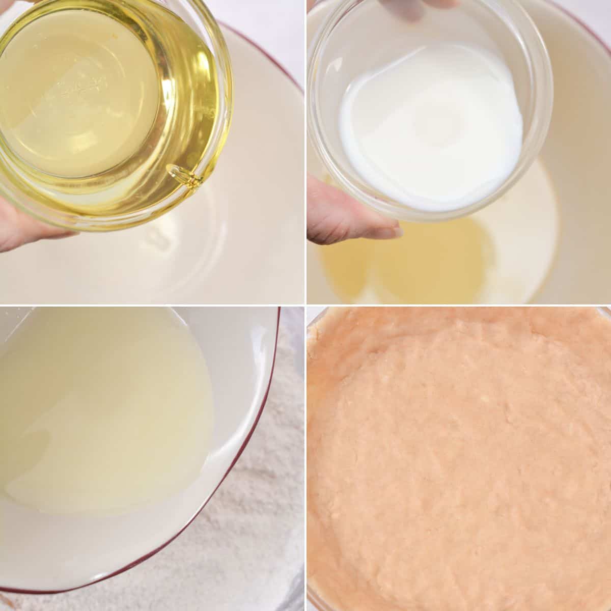 Four-panel image showing oil being poured into a bowl, then milk, then both mixed with flour—steps perfect for preparing the base of a Crumble Top Blueberry Pie—ending with a bowl of smooth, light brown batter.